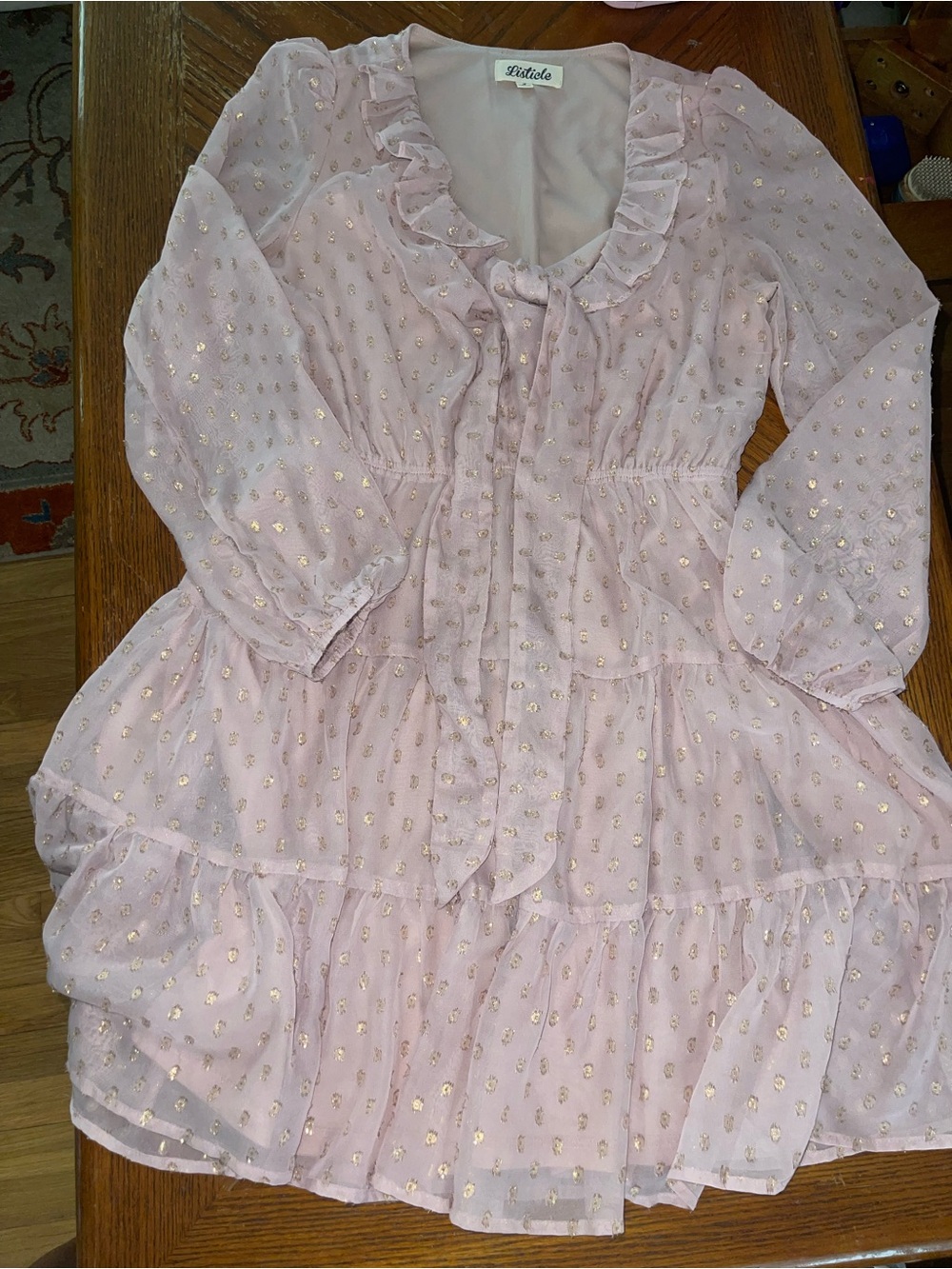 Listicle Pale Pink Ruffle Tiered Dress with Gold Dots